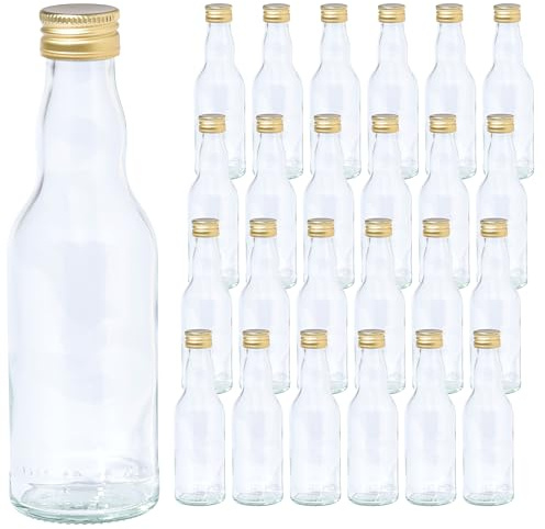 Vitrea 24 leere Glasflaschen 200ml Schraubverschluss Gold - kleine Flaschen zum Befüllen mit Deckel - für Saft, Getränke, Likör, Öl, Saucen, Sirup - 24 Stück, PP28, Kropfhals