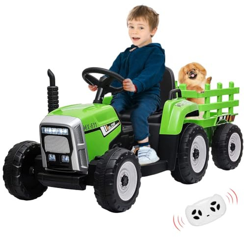 12V Kindertraktor, Kinder-Elektrofahrzeug mit Anhänger, mit Fernbedienung/7 LED-Scheinwerfer/2+1 Variable Geschwindigkeit/MP3-Player/USB-Schnittstelle, geeignet für Kinder von 3-6 Jahren-Grün