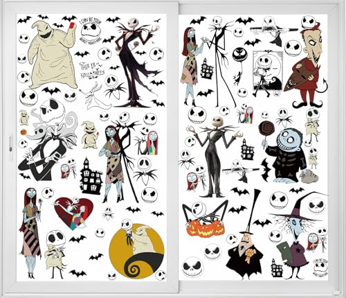 12 große Halloween Fensterbilder - Nightmare Before Christmas - Selbstklebend - Wiederverwendbar - PVC Fensterdeko für Fenster