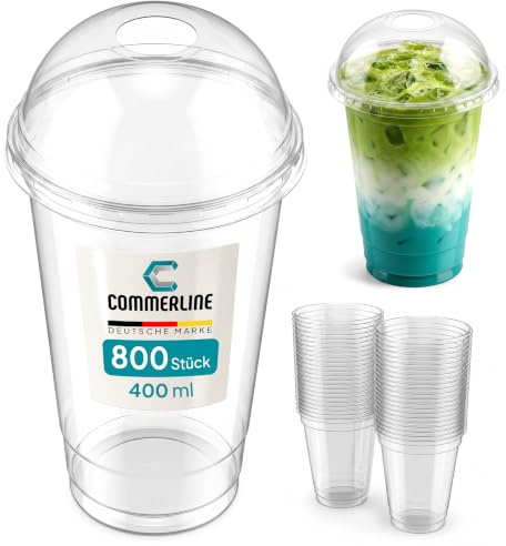 Commerline Smoothie Becher, 400 ml, 800 Stück, Slush Becher mit Domdeckel | Transparentes R-PET, Plastikbecher mit Deckel, Dessertbecher, Bubble Tea Becher, Eiskaffee To Go, Trinkhalmöffnung