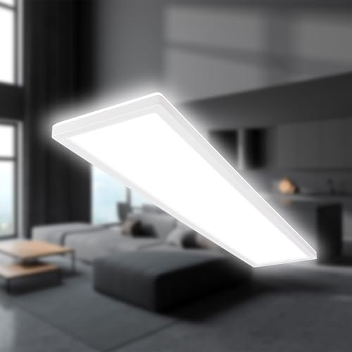 Briloner - LED Ceiling Light, Ultra Slim Panel Lamp, 98x20x3 cm, Backlight Effect, Neutral White Light, Flush Mount, 36W, 4800 Lum, Ceiling Lights Living Room, Kitchen, Office, White