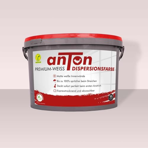Anton | PremiumWeiss | Profi Wandfarbe | extra stark in Deckkraft und Waschbeständigkeit | strahlendes Matt-Weiß | wasserbasiert | spritz-&streifenfrei | 100m² | 10L | + PROFI ROLLER GRATIS