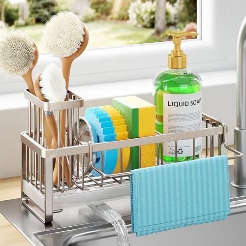 HapiRm Sponge Holder for Kitchen Sink - Self-draining Sink Caddy with Brush Holder and Dishcloth Holder, Stainless Steel Kitchen Organizer for Countertop - Brushed Nickel
