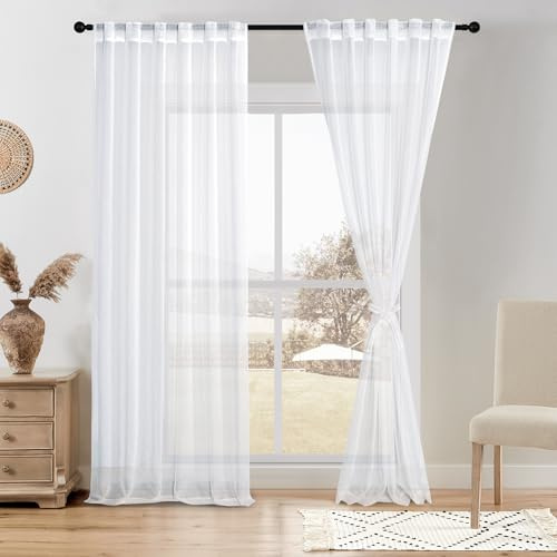 DWCN White Sheer Curtains, 84 Inches Long Rod Pocket & Back Tab Faux Linen Texture Semi Sheer Window Covering, Light Airy Privacy Sheer Panels for Bedroom Living Room 52 W x 84 L, Set of 2 Panels