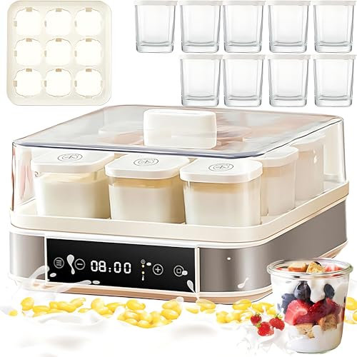 Yogurtiera Automatica, Yogurtiera Ultimate da 40 W, con 9 vasetti di Vetro da 170 ml, Yogurtiera con Controllo del Tempo e della Temperatura Regolabile, Macchina per la Fermentazione per Yogurt