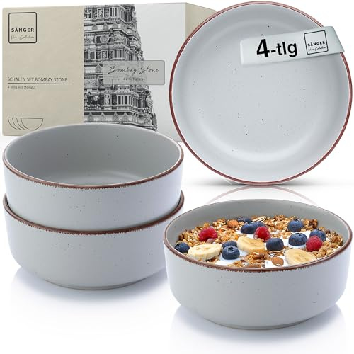 Sänger Bombay Stone Steingut Schüssel Set 4 teilig, Müslischalen | für 4 Personen, Schalen, kratz- mikrowellen- spülmaschinenfest, Kleine Schüsseln Tiefe Teller grau 700 ml