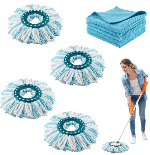 Zosenyer 4 Stück Ersatzkopf für Leifheit Clean Twist Disc Mop, Micro, Micro Duo, Ergo, M Wischmopp Rund, Wischmop Ersatz, 2-Faser-System für Alle Bodenarten Schmutzaufnahme, mit 5er Mikrofasertücher