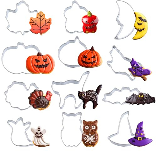 12 Stück Mini Halloween Ausstechformen,Mini Halloween Keksausstecher,Edelstahl Plätzchen Ausstechers,Kürbis,Geist,Schwarze Katze,Fledermaus,Apfel Plätzchenausstecher,Ausstecher Hallowee zum Backen