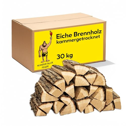 Neandertaler Feuer Brennholz Eichenholz Kaminholz - Grillholz 25 cm 30 kg | Hartholz Eichen Feuerholz | Holz für Grill Kamin Smoker Ofen | Firewood