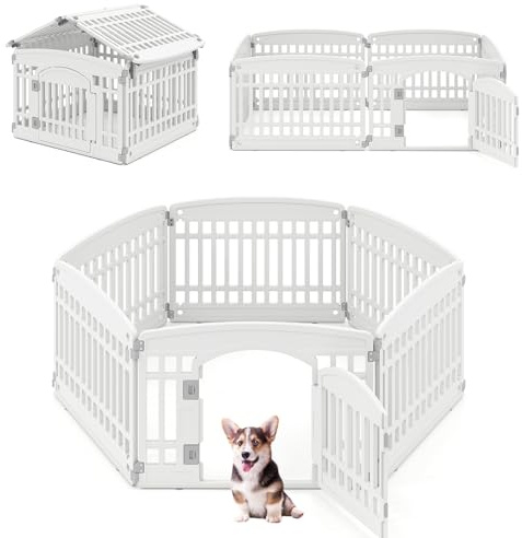 COSTWAY Recinto per Cani da Interno ed Esterno, Recinzione per Animali Domesti Pieghevole a 6 Pannelli 60 cm per Cani Medi e Piccoli con Porta di Bloccaggio Sicura, 172 x 87 x 60 cm