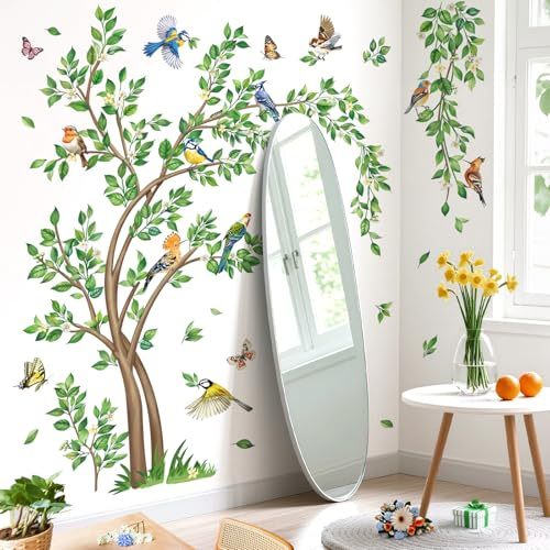 decalmile Wandsticker Groß Grüne Baum Wandtattoo Hängende Grün Blätter(XL) | Abziehbare und Aufklebbare Wandaufkleber, DIY Abnehmbare Wandkunst Abziehbilder, Wandfreundlich, Leuchtenden Farben