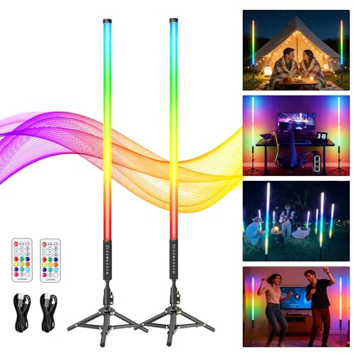 2 Lampe vidéo LED portable avec trépied, 90cm bâton Lumineux de Photographie Mood1 Pro et mode musique, batterie intégrée de 5 000 mAh, lampe photo RVB pour YouTube, TikTok, bar, fête, éclairage photo