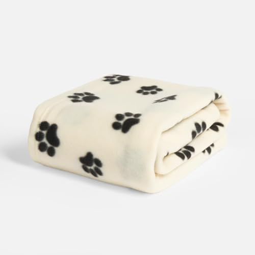 OHS Dog Blanket Pet Paw Print Super Soft Fluffy Polar Fleece Blanket Bed Sofa Cover Throw Protector Dog Blankets Washable Pet Blankets for Dogs Puppy Cats, Cream - 120 x 150cm