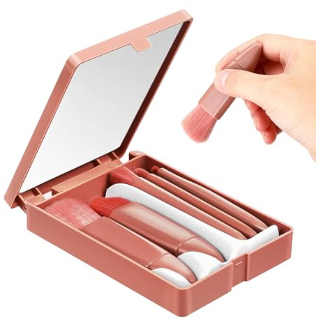 Juego de 5 brochas de maquillaje de viaje, aptas para base, sombra de ojos, polvos sueltos, rubor, contorno y corrector (color pasta de frijoles).