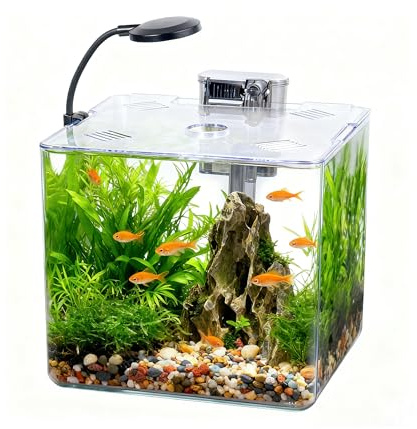 13L Starter Fish Tank Kit, 25 * 25 * 22CM Mini Plastic Aquarium with LED Light & USB Filter, DIY Aquascape for Small Betta Fish