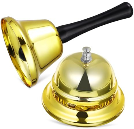 GETAJGHSD 2 piezas Campanas de Servicio Metálicas Resistentes al Óxido Timbres de Mesa con Sonido para Recepción Restaurantes y Bares Incluye Campana de Mano Agitar Color Dorado