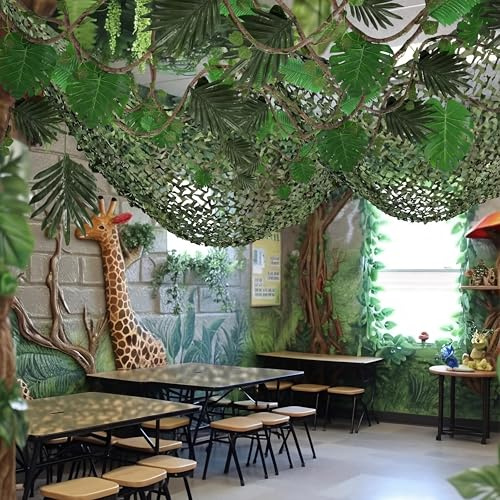 Bucherry 1 Set Vbs 2026 Jungle Party Decoration 10 x 13 ft Netting with Tropical Rainforest Theme Leaves Artificial Greenery Garland Vine for Hawaiian Luau Rainforest Decorations Indoor Outdoor