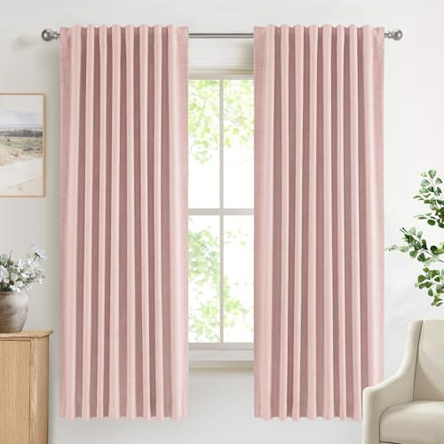 DEFYNEE 100% Verdunkelungsvorhänge mit verdeckten Schlaufen, Leinen-Optik, 2er-Set Blickdichte Vorhänge Stangendurchzug für Schlafzimmer oder Wohnzimmer – H175 x B140 cm, BlushPink