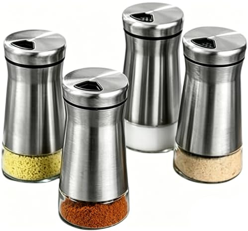 4 Stück GewüRzstreuer, Gewürzdosen Glas und Edelstahl, GewüRzgläser Mit Drehdeckel, Salz und Pfefferstreuer Set, Gewürzbehälter für Gewürze Küchenutensilien, mit 3 Verschiedenen Lochgrößen