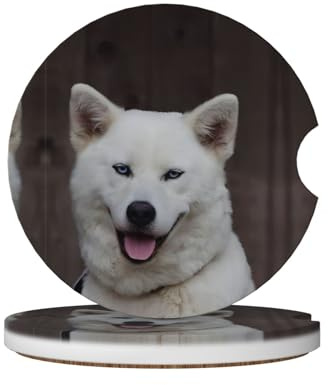 Set di sottobicchieri in ceramica con stampa di husky bianco dagli occhi blu, 6,5 cm, adatti per portabicchieri
