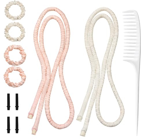 3-Teiliges Heatless Curls Set Für Haare Locken Ohne Hitze | Extra langes Haarband für Locken über Nacht. Enthält weiße Lockenbänder und einen Kamm für schonendes Haarstyling.