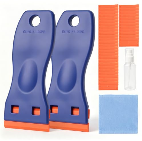 Lot de 2 grattoirs en plastique avec 120 lames en plastique, flacon pulvérisateur de 50 ml et chiffon de nettoyage bleu, dissolvant d'autocollants et de résidus de colle sans rayures pour verre