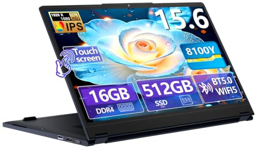 Pc Portatile 15,6 pollici, processore Core 8100Y, 16 GB RAM 512 GB SSD Computer Portatile, Notebook 2-in-1 touchscreen, Win 11 convertibile a 360°, FHD 1920×1080, Type-C, USB 3.0, WiFi 5, BT 5.0