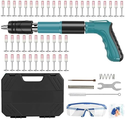 Pistola de Clavos Manual, Clavadora de Hormigón de 5 Velocidades con 100 Clavos y Maletín, Pistola de Clavos Portátil Silenciosa para Fijación en Paredes, Techos, Acero, Electricidad y Fontanería
