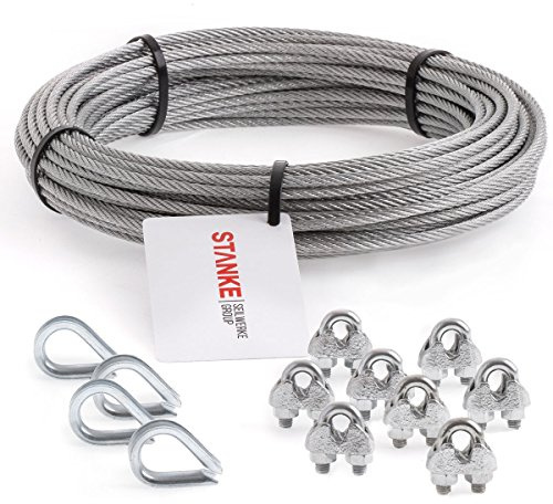 Seilwerk STANKE Cuerda de acero galvanizado 20m, Cuerda de acero con diámetro 8mm 6x19, 4x guardacabo, 8x abrazadera - SET 2