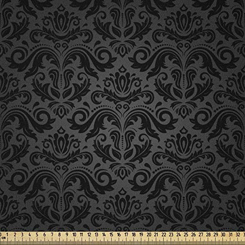 ABAKUHAUS Dunkelgrau Stoff als Meterware, Schwarze Damast-Blumen, Microfaser Stoff für Dekoratives Basteln, 1M (230x100cm), Schwarz Grau