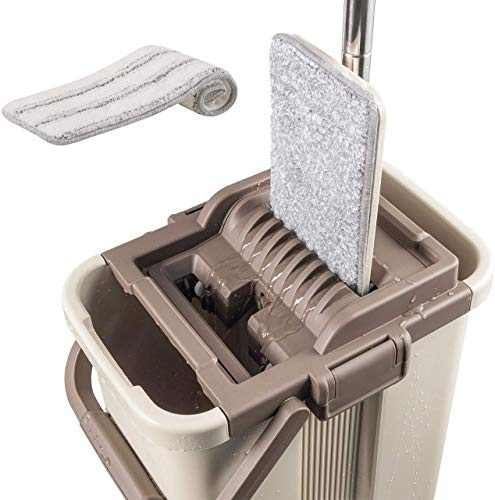 TX® Balai et seau en microfibre avec poignée en acier inoxydable, seau à double chambre innovant pour utilisation humide et sèche. Convient à tous les types de sols (avec 2 tampons réutilisables).