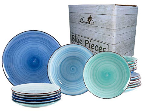 MamboCat Blue 18-TLG. Teller-Set blau I Robustes blaues Steingut-Geschirr für 6 Personen I je 6 Flache Speiseteller - Tiefe Suppenteller - kleine Kuchenteller I Blaue Teller 18 Teile