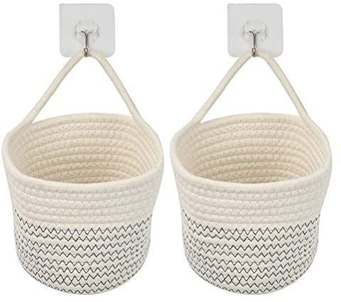 DODUOS 2PCS Hanging Cotton Rope Baskets, 6.7 Inches Small Woven Storage Basket, Bike Hang Bag, Fabric Planter, Pot, Wall, Door Organizer for Keys, Wallets, Sunglasses