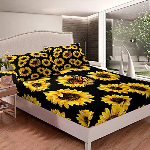 Sonnenblume Spannbettlaken 140x200cm Mädchen Gelb Blumen Schmetterling Spannbetttuch Blumen Muster Bettlaken Set für Kinder Botanisch Natur Ultra weich Zimmer Dekor
