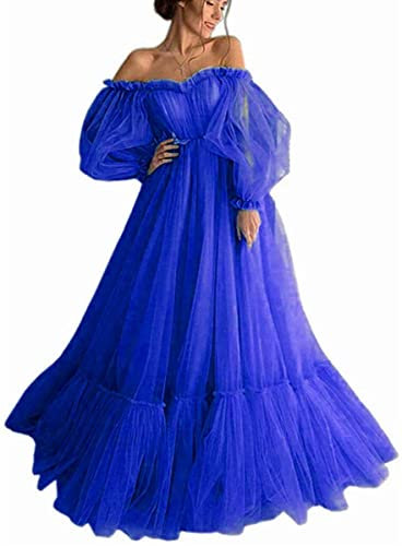 N/ C SAYNO Tulle Off Shoulder Court Train Robe de bal Longue Sweetheart Manches bouffantes Robe de mariée avec lacets, bleu marine, 54