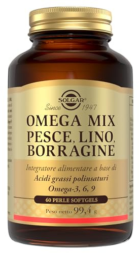 Solgar Omega Mix 60 Softgel con Omega 3, 6 e 9 da Pesce, Lino e Borragine | Fonte di Omega 3, 6 e 9. Con oli di pesce, lino e borragine. EPA e DHA contribuiscono alla normale funzione cardiaca.