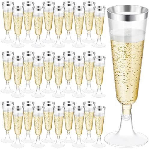 Ruisita 120 Pack 5 Ounces Plastic Champagne Flutes Disposable Plastic Champagne Glasses for Parties Clear Toasting Flutes Cocktail Cups for Wedding, Anniversary, Birthday (Silver)