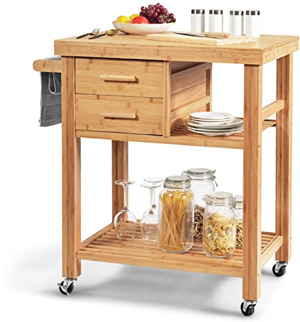 GORELAX Bamboo Kitchen Island on Wheels, Lockable Rolling Kitchen Cart with 2 Storage Drawers & Open Shelf, Wood Utility Butcher Block Island with Towel Rack