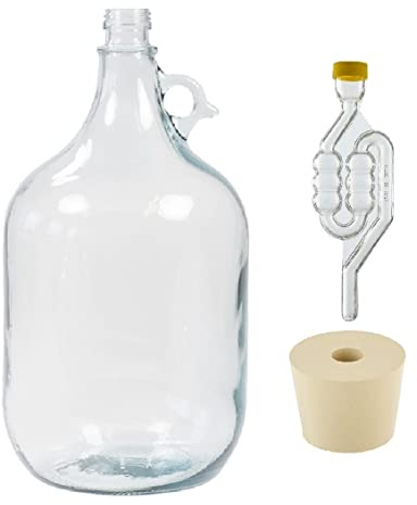 North Mountain Supply 5 Liter (1.32 Gallon) Italian Glass Jug with Handle, Rubber Stopper & 6 Bubble Airlock