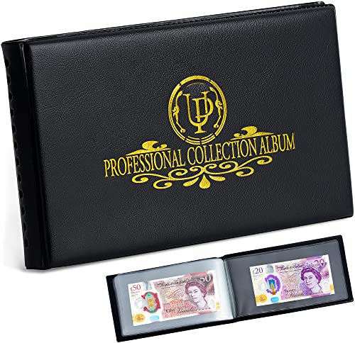 Banknoten-Sammelalbum mit 40 Fächern – 20 Blatt durchsichtiger Währungshalter World Money Storage Book Collection Supplies für Trading Cards Stamps Tickets Bills Black AN04BK