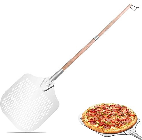 Gute Perforierter Pizzaschieber,Pizzaschaufel,Hart Aluminium Pizzawender,3 Set 138cm Lang,Große Pizzaschieber mit abnehmbarem langen Holzgriff, Pizzaheber für Backofen a