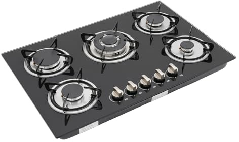 Gaskochfeld 5 Flammig, Gasherd Einbau Gehärtetes Glas mit Flammschutzvorrichtung & Metall-Feuerabdeckung, Batteriezündung, für Zuhause und Wohnmobil, Campingkocher, 77 x 51 x 7cm