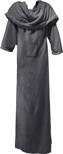 Erwin Müller Fleece Wohndecke XXL Foggia mit Ärmeln grau Größe 150x220 cm - aufgenähte Taschen, superweich, pflegeleicht