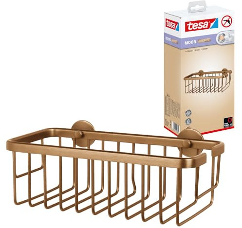 tesa MOON BRONZE selbstklebende Duschablage in gebürsteter Bronze - einstöckig und extra tief - Duschregal aus PVD-beschichtetem Metall - ohne Bohren, mit Klebelösung - 250mm x 92mm x 125mm