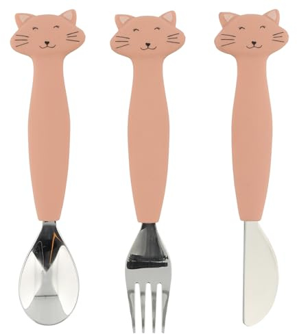 Trixie Baby Trixie - Set di posate in silicone e acciaio inossidabile, per neonati e bambini, 3 pezzi (forchetta, cucchiaio e coltello) - Mrs. Gatto (gatto), 96-4XX