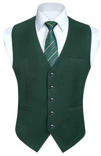 HISDERN Kostymväst i bomull för herrar, både formell och casual, enfärgad, klassisk, elegant, ärmlös, till bröllop, ceremoni, storlek XS-4XL, Grön, L