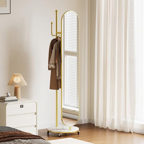 360° Drehbar Ganzkörperspiegel mit Kleiderständer, Standspiegel auf Rollen, Bodenlanger Spiegel, Garderobenständer mit Bodenspiegel für Wohnzimmer oder Schlafzimmer, Flur (Gold)