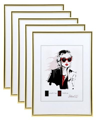 KM FOTO Set Moderner Glas Bilderrahmen NLS aus Kunststoff Perfekt für Fotos Poster und Wanddeko Collage: Farbe: 5er Pack Gold | Format: 30x40