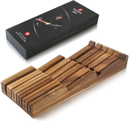XINZUO in-Drawer Knife Block, Natural Acacia Knife Drawer Oganizer, Insert-Kitchen Storage Holder, 11 Slots, Holds up to 11 Various Size Knives, Countertop Saving&Knife Protective