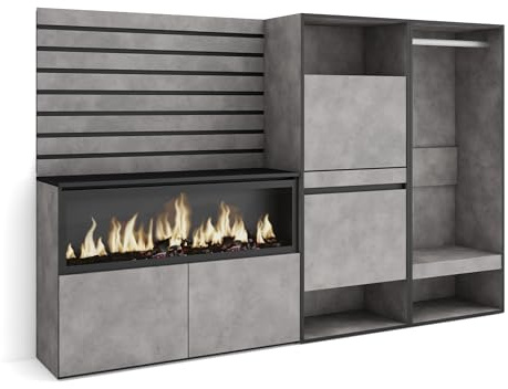 Skraut Home | Aparador | con Almacenamiento | 227x145x35 cm | Dormitorio, habitación | Chimenea eléctrica XXL | Zapatero | Vestidor Abierto | Estilo Moderno | Cemento